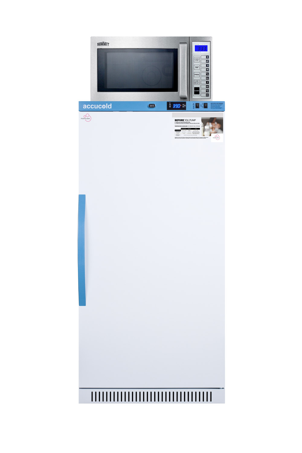 MOMCUBE refrigerator/microwave combination for easy storage of breast milk and sanitation of pumping equipment